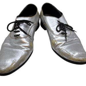 Saint Laurent Oxford Lace-Up Silver Metallic Leather 37.5 Sh